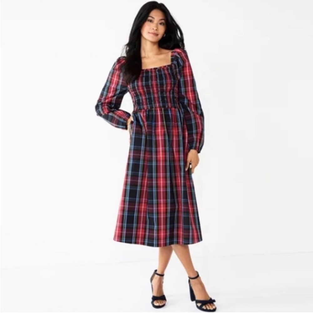 Draper James Smocked Plaid Holiday Midi Dress | Size Small Long Sleeve Prairie